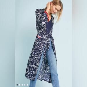 Misa Azores Tasseled Navy Blue & White Floral Long Sleeve Tie Long Kimono XS NEW